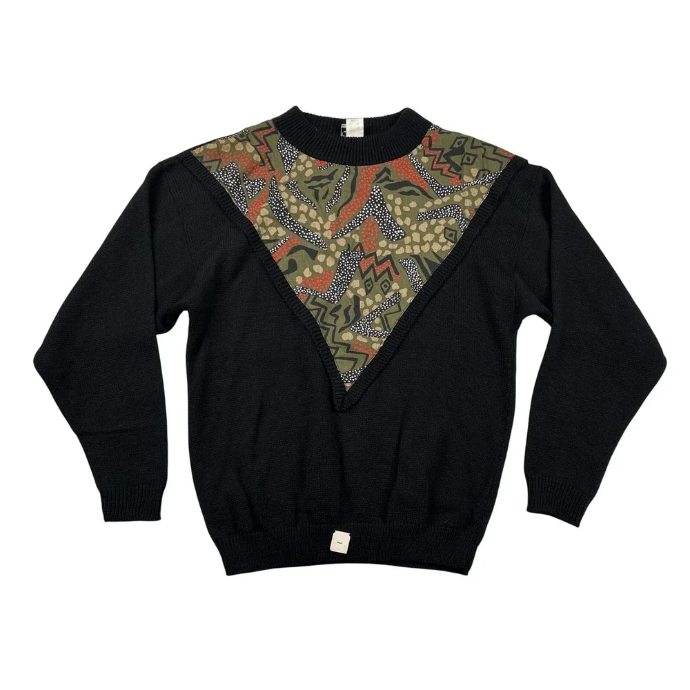 Vintage In Phase Sweater Womens Small Black Abstract Mixed Media Knit USA Made